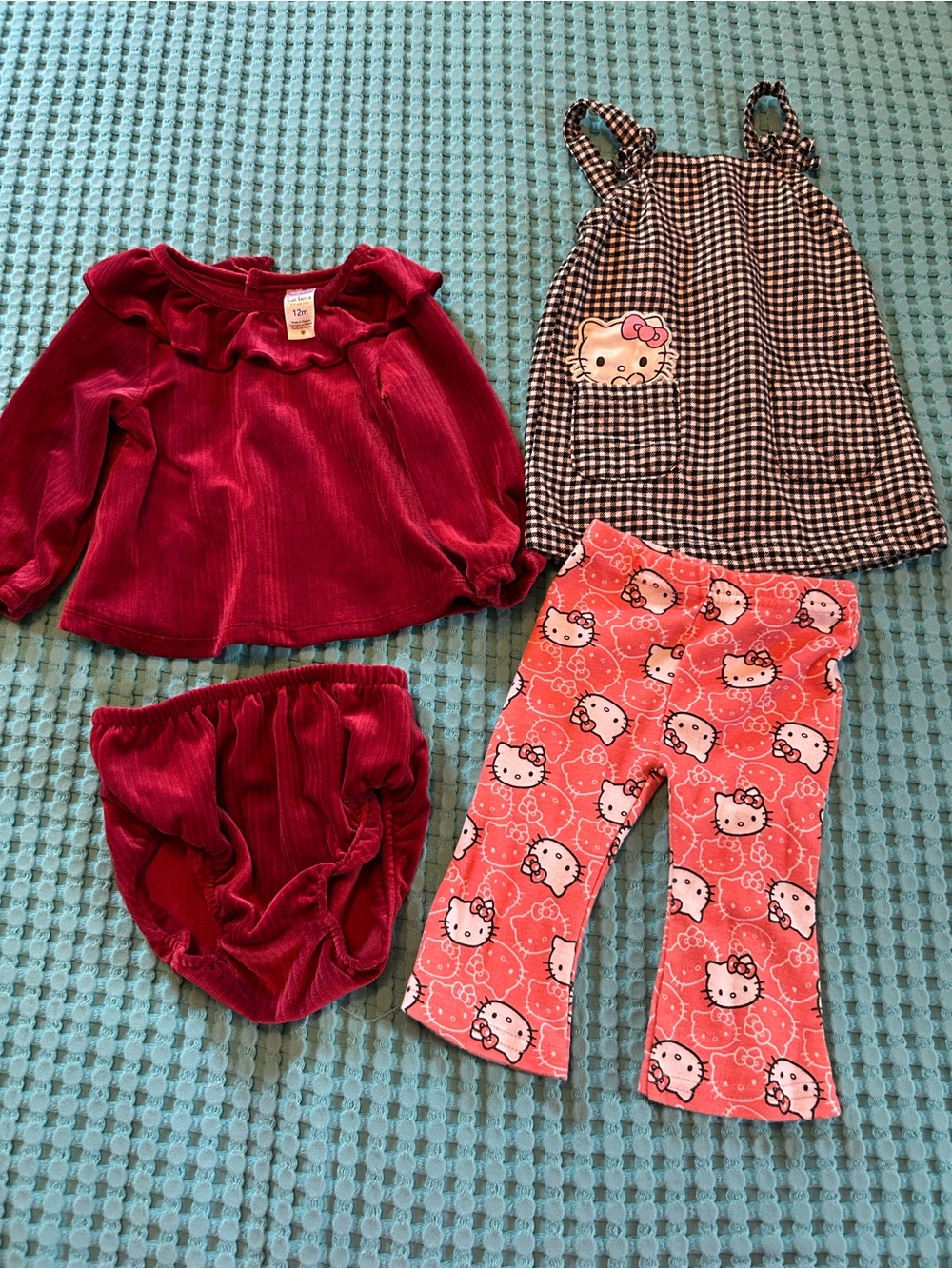 Carter's Burgundy velvet long sleeve set & Hello Kitty legging & Gingham dress